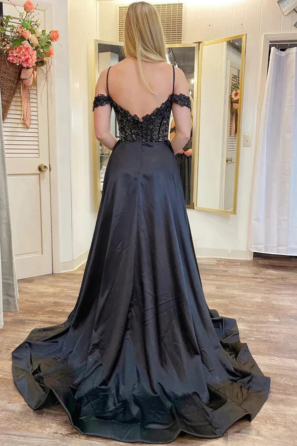 Vestido de fiesta con abertura en forma de A, hombros descubiertos, cuentas y bolsillos